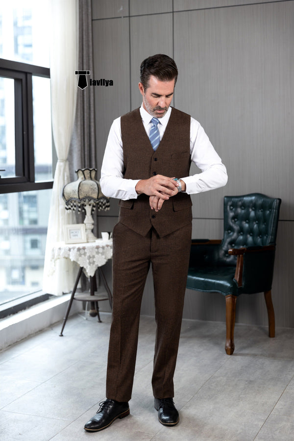 Vintage Classical 2 Pieces Mens Suit Herringbone V Neck Vest For Wedding (Vest + Pants) Pieces Suit