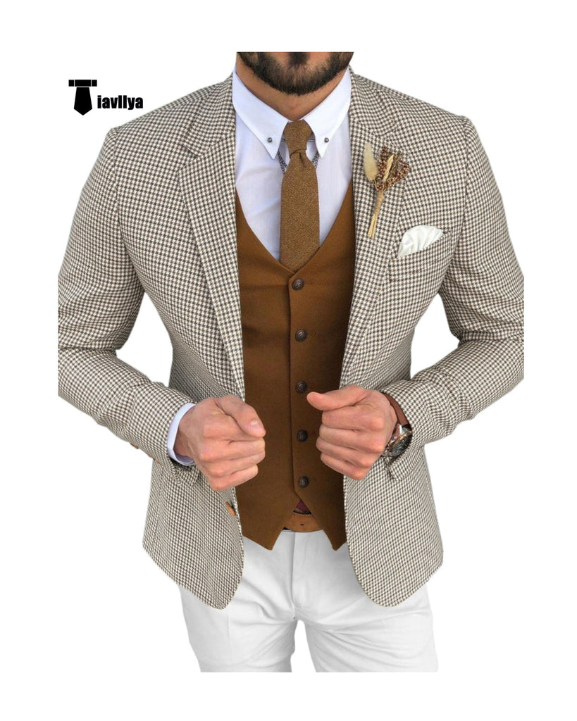 Fashion Men’s 3 Pieces Houndstooth Notch Lapel Tuxedos (Blazer + Vest + Pants) Xs / Silver Pieces