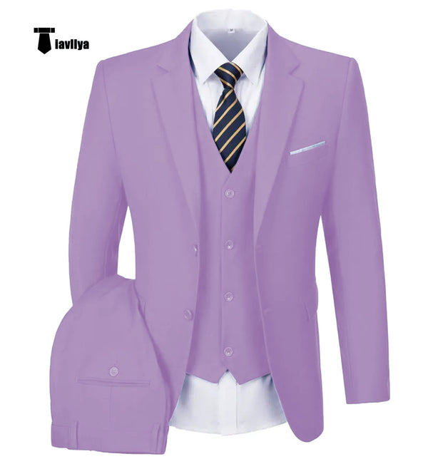 Casual Men’s 3 Pieces Mens Suit Notch Lapel Flat Tuxedos (Blazer + Vest + Pants) Xs / Lavender