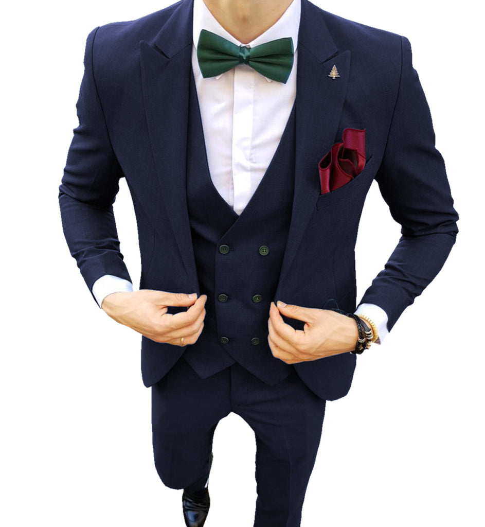 Fashion Men’s Suit 3 Piece Peak Lapel Flat Tuxedo Wedding (Blazer + Vest + Pants) Pieces Suit