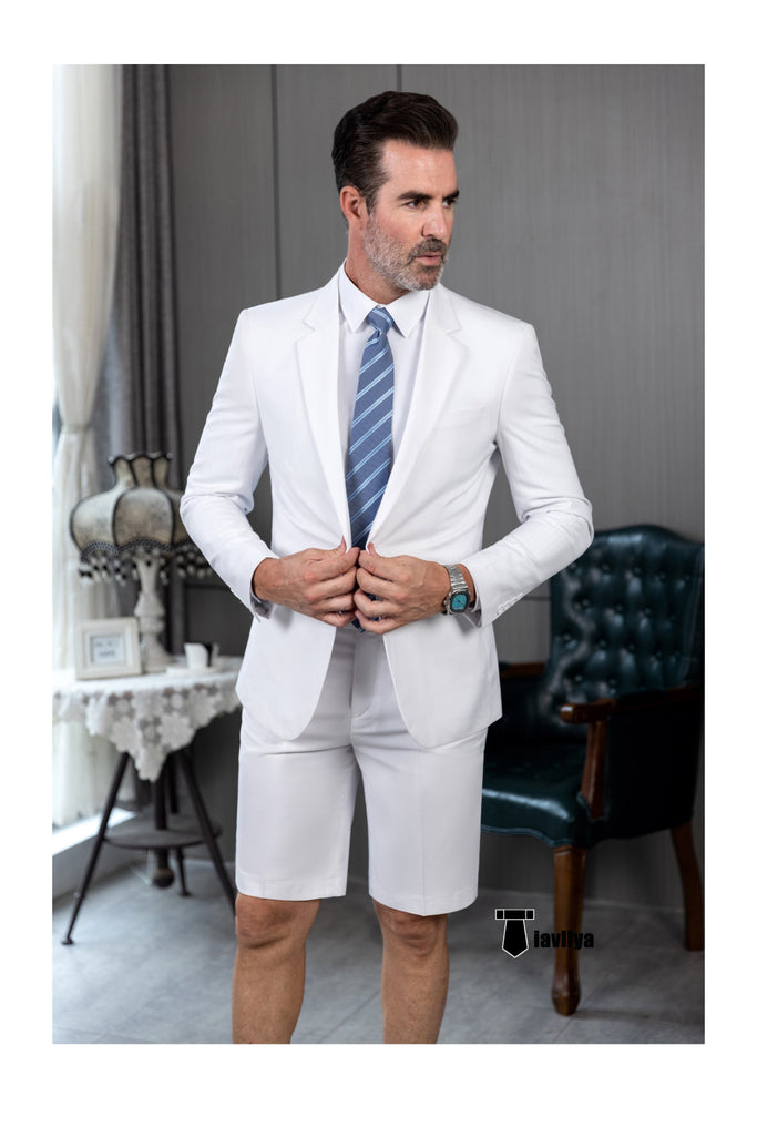 Fashion 2 Pieces Mens Suit Flat Notch Lapel Tuxedos For Wedding (Blazer + Shorts) Pieces Suit