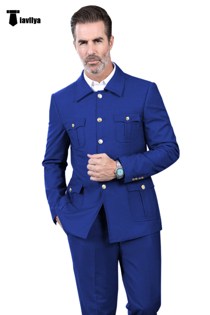 Fashion Men’s 2 Pieces Mens Suit Stand Lapel Flat Tuxedos (Blazer + Pants) Xs / Royal Blue Suit