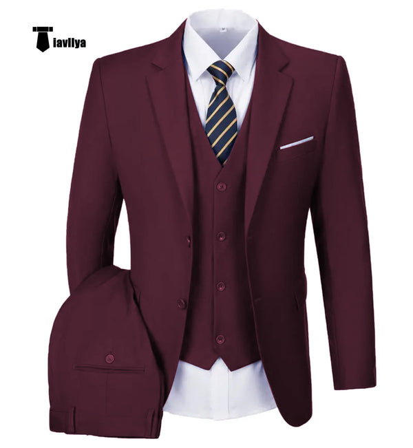 Casual Men’s 3 Pieces Mens Suit Notch Lapel Flat Tuxedos (Blazer + Vest + Pants) Xs / Burgundy