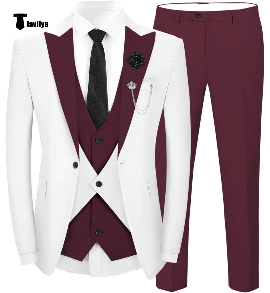 Fashion Men’s Suits Slim Fit 3 Pieces Peak Lapel Tuxedos (White Blazer + Vest + Pant) Xs /