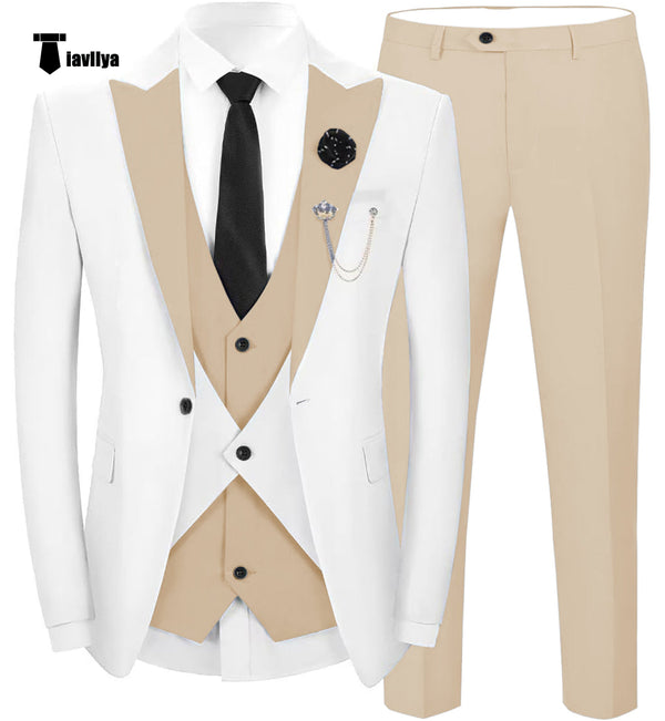 Fashion Men’s Suits Slim Fit 3 Pieces Peak Lapel Tuxedos (White Blazer + Vest + Pant) Xs / Beige