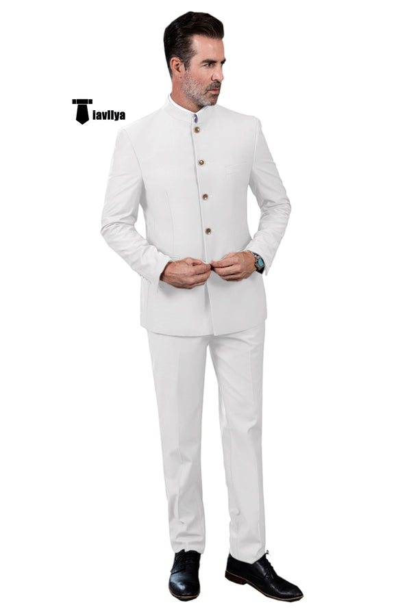 Fashion 2 Piece Men’s Slim Fit Solid Color Stand Collar Suit (Blazer + Pants） Xs / White Pieces Suit