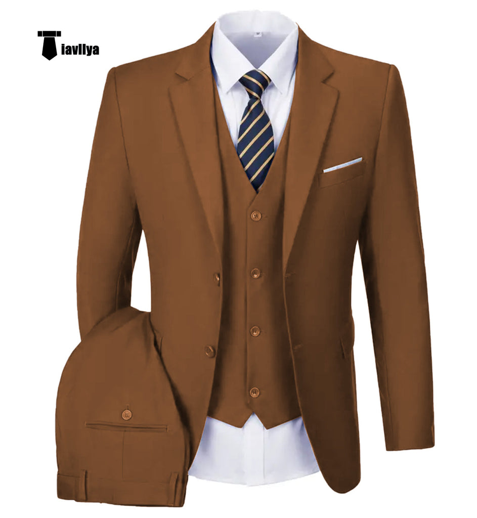 Casual Men’s 3 Pieces Mens Suit Notch Lapel Flat Tuxedos (Blazer + Vest + Pants) Xs / Light Brown