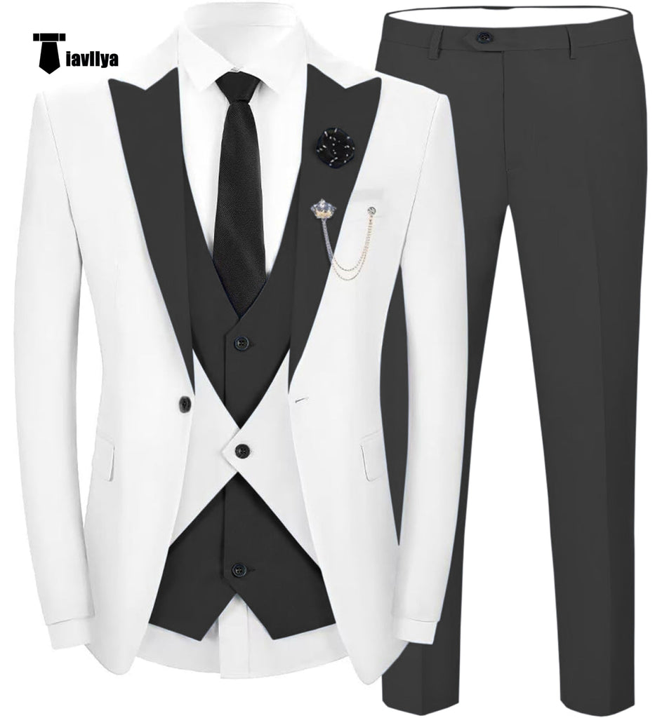 Fashion Men’s Suits Slim Fit 3 Pieces Peak Lapel Tuxedos (White Blazer + Vest + Pant) Xs / Black