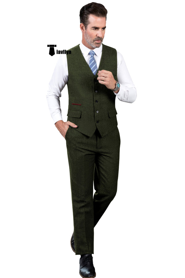 Vintage Classical 2 Pieces Mens Suit Herringbone V Neck Vest For Wedding (Vest + Pants) Xs / Army