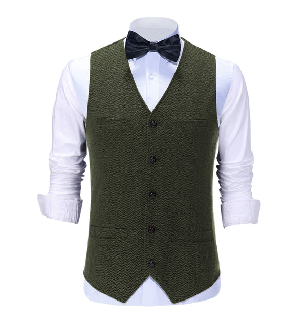 Suit Vest - Vintage Classical Mens Regular Fit Tweed Herringbone V Neck Waistcoat