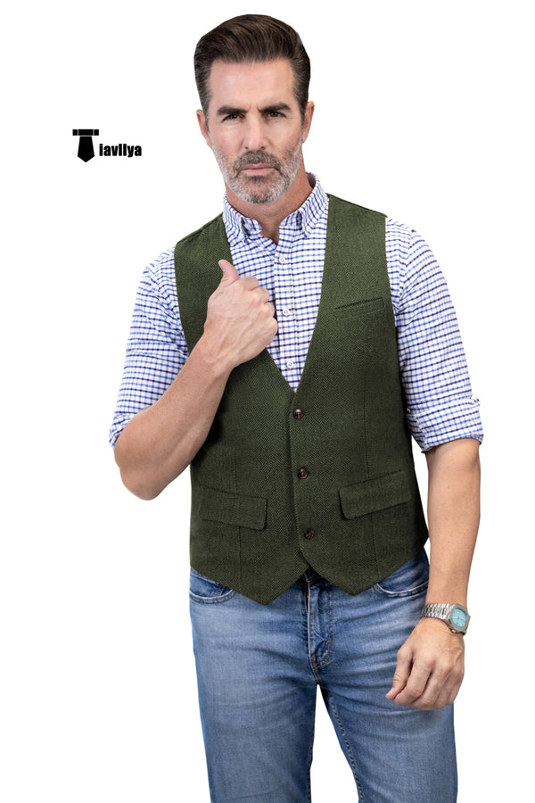 Casual Men’s Herringbone V Neck Waistcoat Xs / Army Green Suit Vest