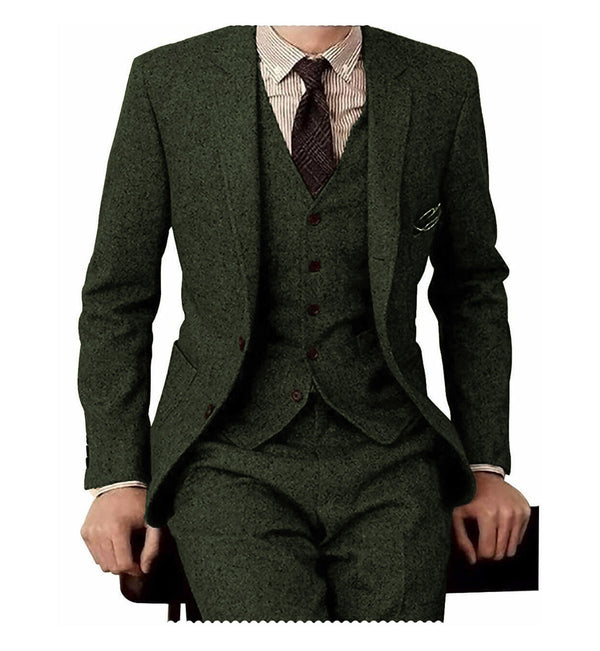 3 Pieces Suit - Men's Casual 3 Pieces Mens Suit Classic Tweed Notch Lapel Tuxedos (Blazer+vest+Pants)