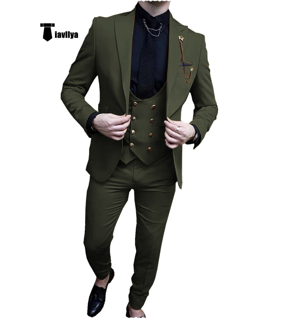 Fashion Men’s Suit 3 Piece Peak Lapel Flat Tuxedo Wedding (Blazer + Vest + Pants) Xs / Army Green