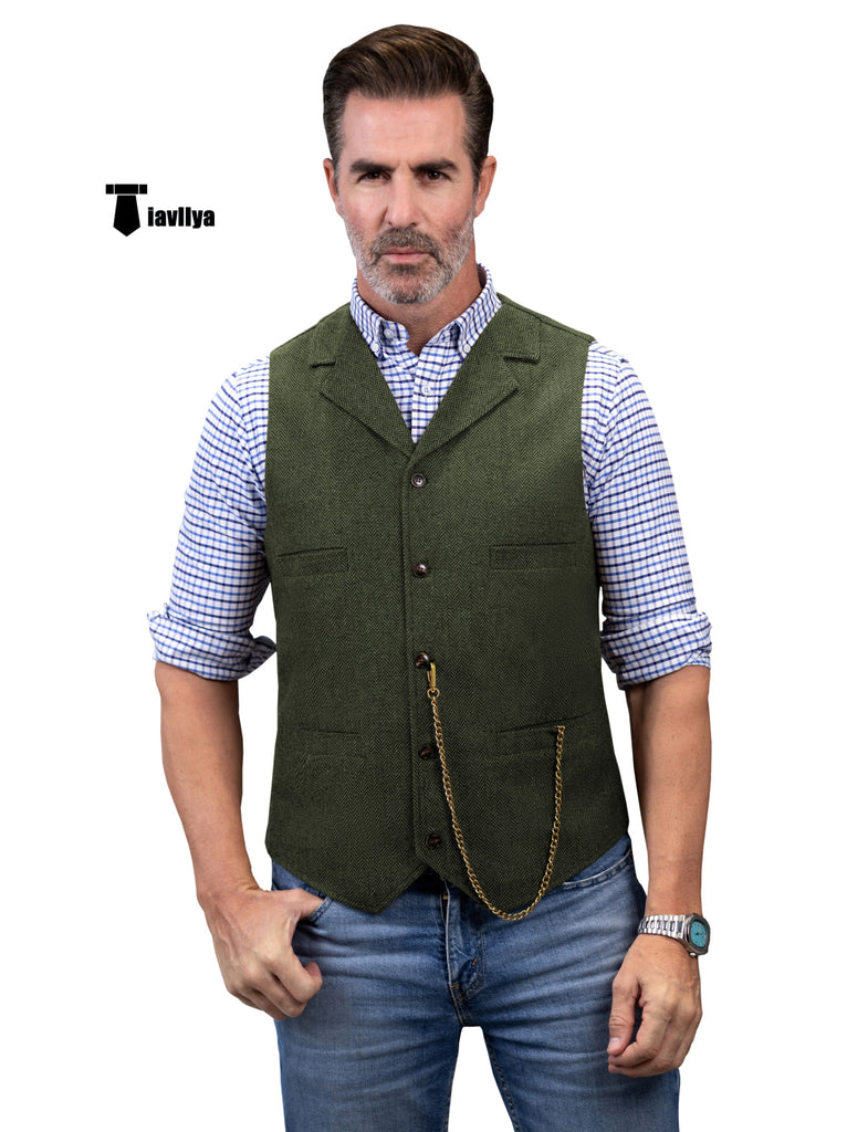 Casual Men’s Tweed Herringbone Notch Lapel Waistcoat Xs / Army Green Suit Vest