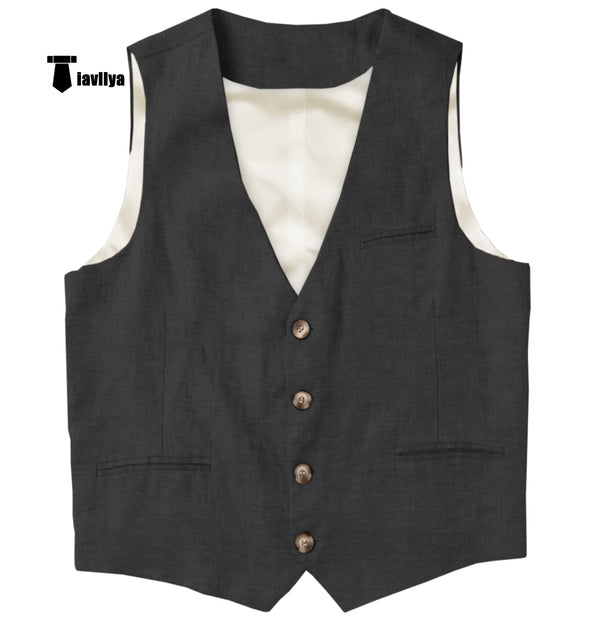 Casual Mens Waistcoat Flat Linen V Neck Waistcoat For Wedding Xs / Black Suit Vest