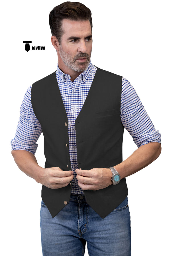 Mens Waistcoat Flat Linen V Neck Waistcoat For Wedding Xs / Black Suit Vest