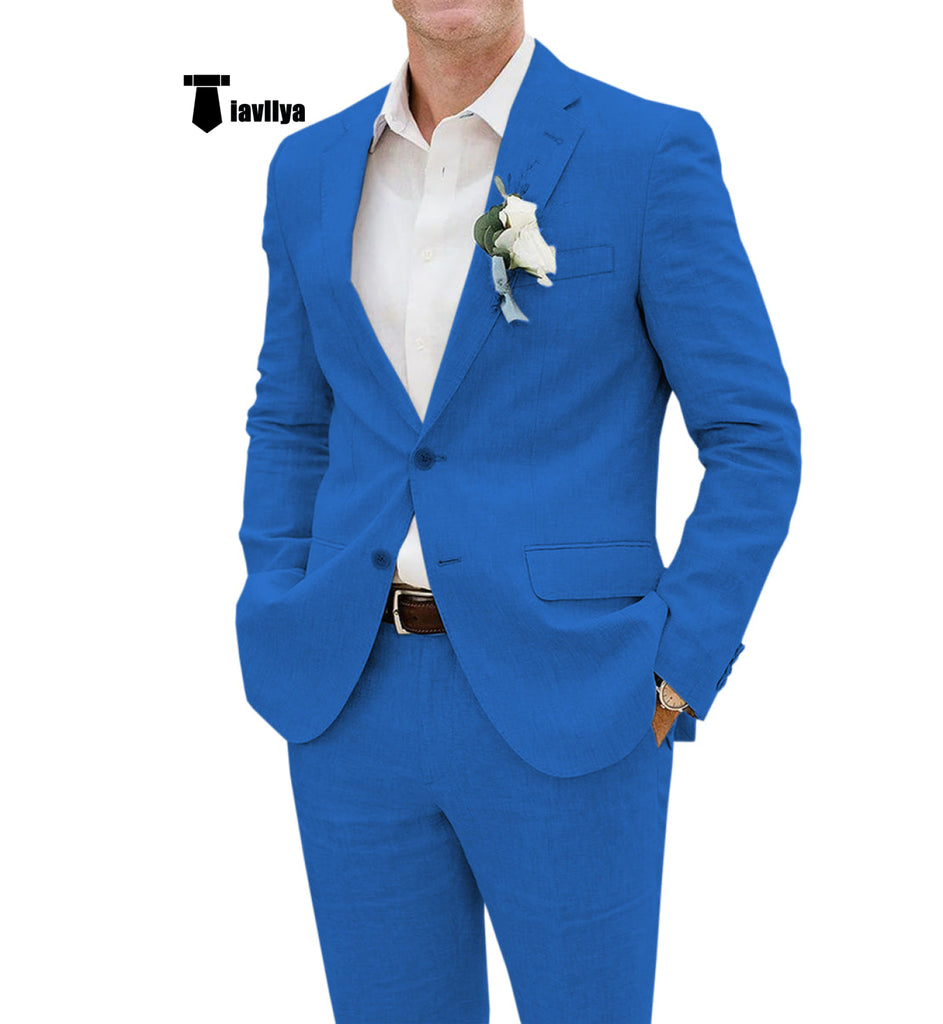 Casual Men’s 2 Pieces Suit Notch Lapel Linen For Wedding (Blazer + Pants) Xs / Blue Pieces Suit