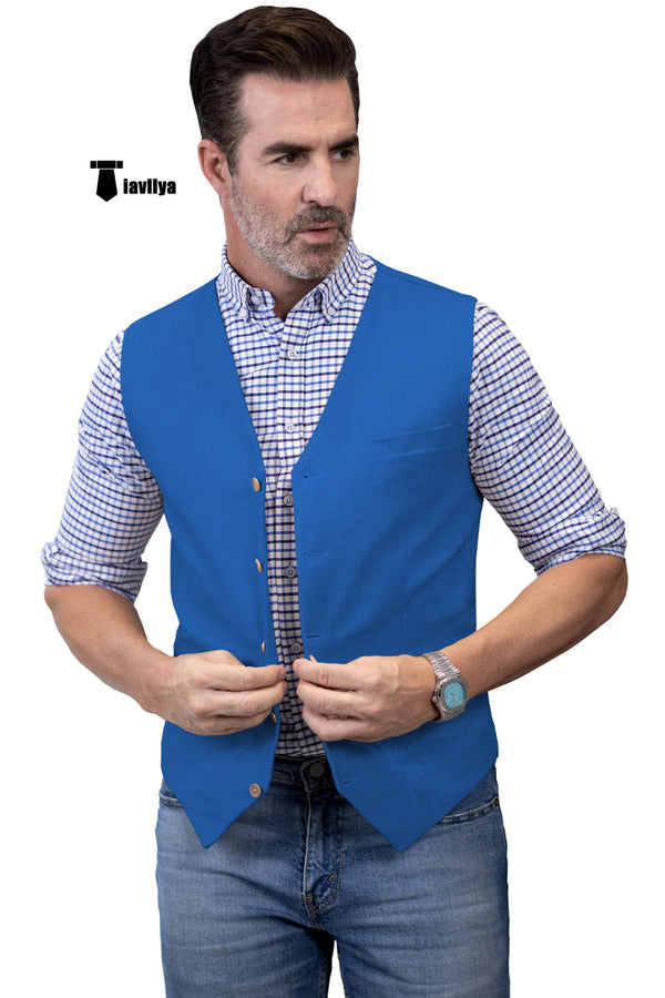 Mens Waistcoat Flat Linen V Neck Waistcoat For Wedding Xs / Blue Suit Vest