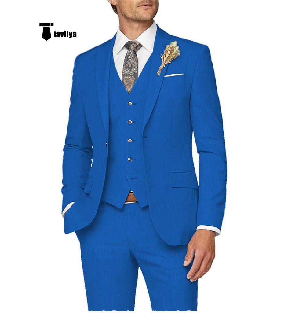 Casual Men’s 3 Pieces Mens Suit Notch Lapel Linen For Wedding (Blazer + Vest + Pants) Xs / Blue