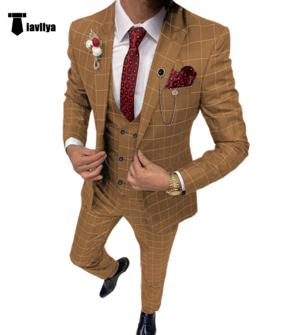 3 Pieces Suit - Fashion Mens Suit 3 Pieces Plaid Peak Lapel Tuxedos (Blazer+Vest+Pants)