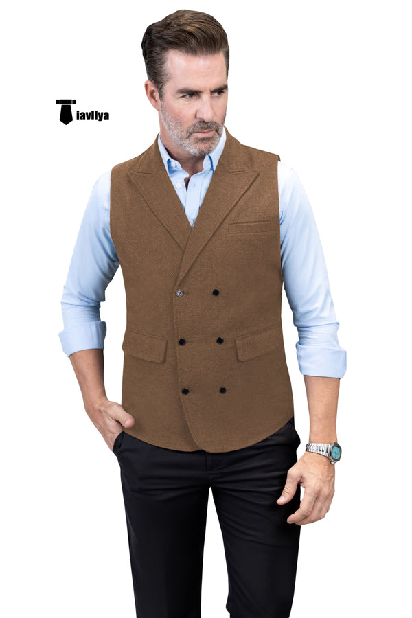 Casual Men’s Classic Tweed Herringbone Peak Lapel Waistcoat Xs / Brown Suit Vest