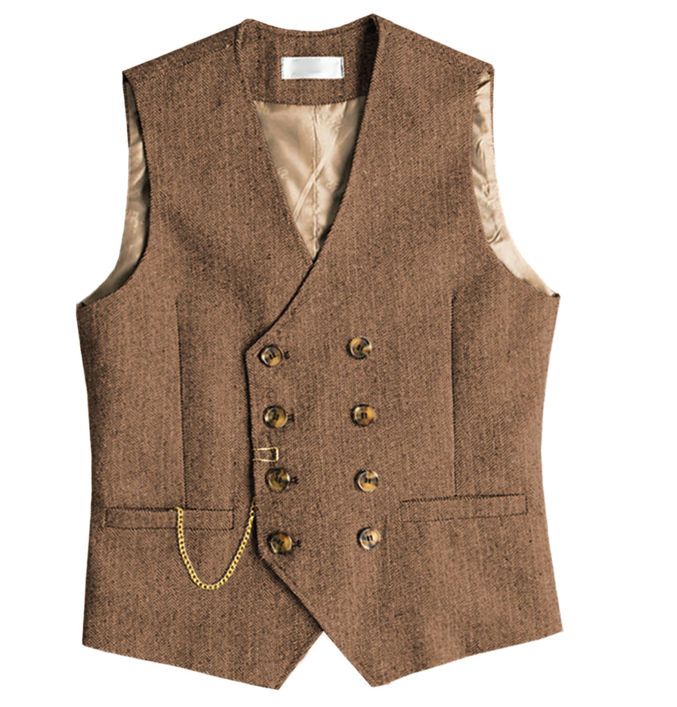Suit Vest - Men's Casual Double Breasted Tweed Herringbone V Neck Waistcoat