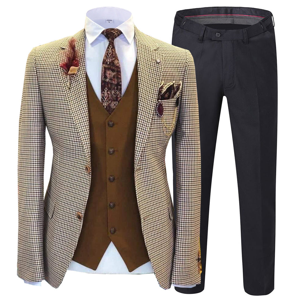 3 Pieces Suit - Fashion Men's 3 Pieces Houndstooth Notch Lapel Tuxedos (Blazer+vest+Pants)