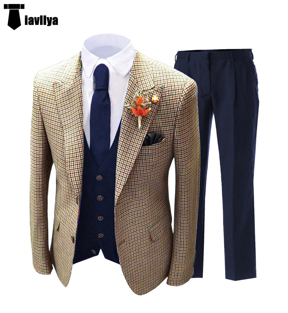 3 Pieces Suit - Fashion Men's 3 Pieces Houndstooth Peak Lapel Tuxedos (Blazer+vest+Pants)