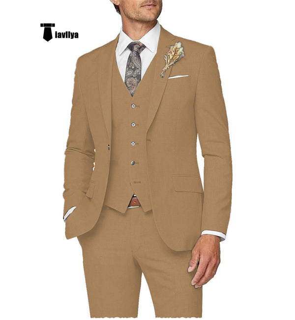 Casual Men’s 3 Pieces Mens Suit Notch Lapel Linen For Wedding (Blazer + Vest + Pants) Xs / Brown