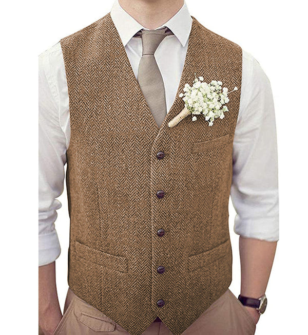 Suit Vest - Vintage Classical Mens Regular Fit Tweed Herringbone V Neck Waistcoat