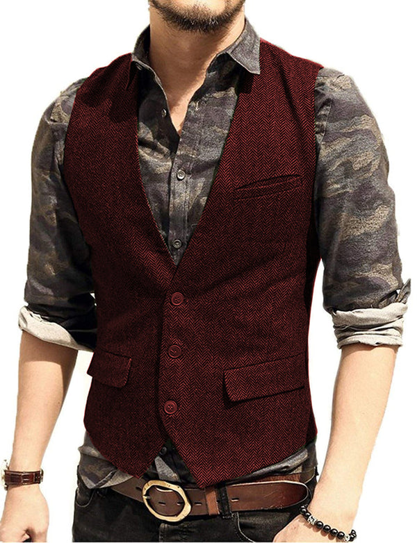 Suit Vest - Vintage Classical Mens Regular Fit Tweed Herringbone V Neck Waistcoat