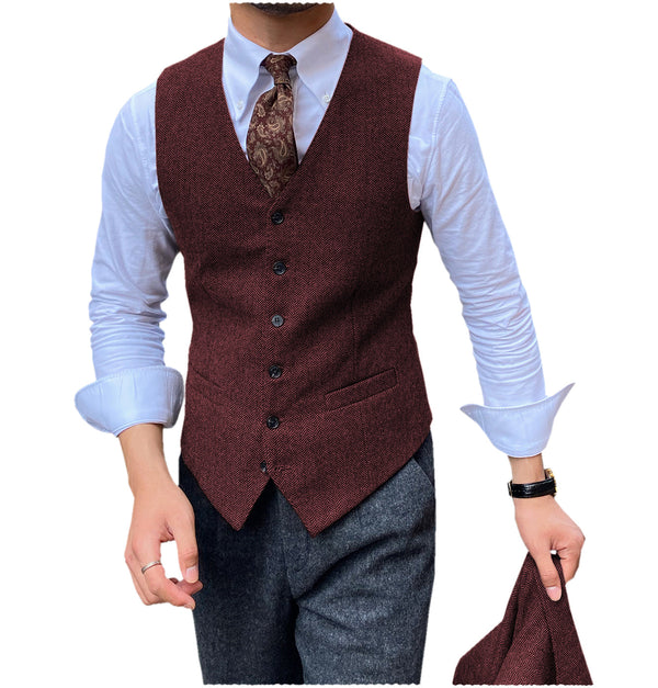 Suit Vest - Vintage Classical Mens Regular Fit Tweed Herringbone V Neck Waistcoat