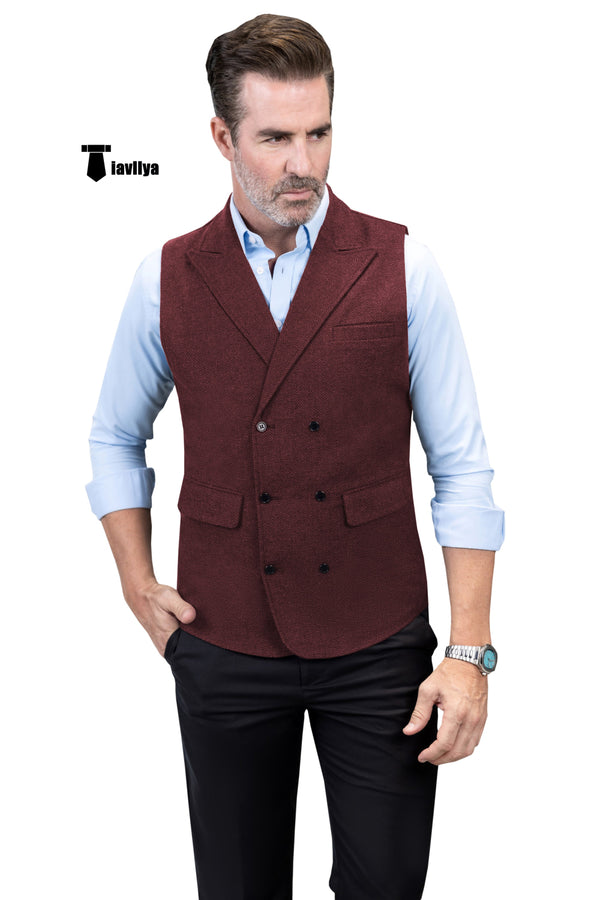 Casual Men’s Classic Tweed Herringbone Peak Lapel Waistcoat Xs / Burgundy Suit Vest