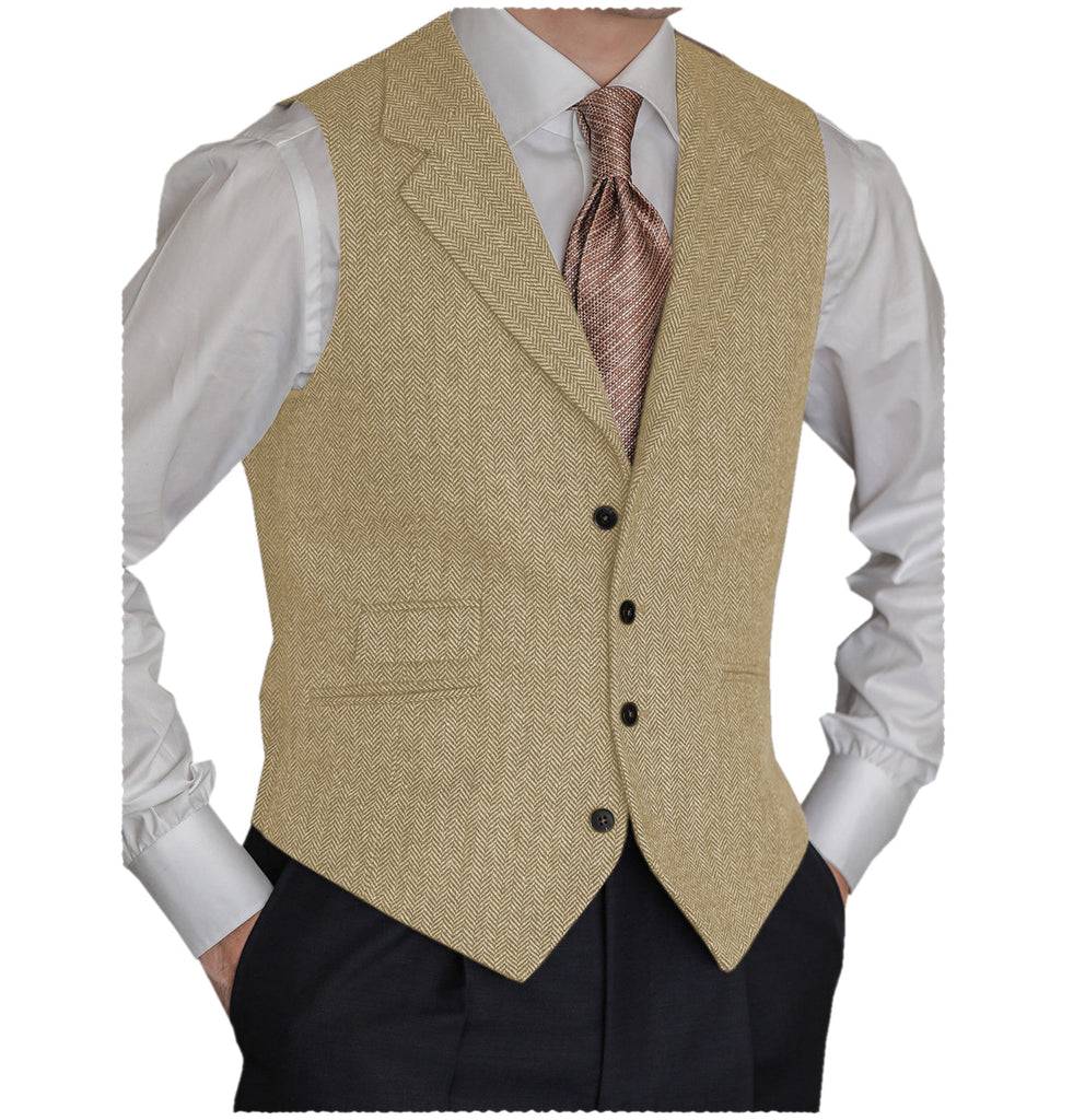 Suit Vest - Vintage Classical Men's Classic Tweed Herringbone Notch Lapel Waistcoat