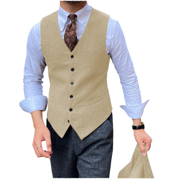 Suit Vest - Vintage Classical Mens Regular Fit Tweed Herringbone V Neck Waistcoat