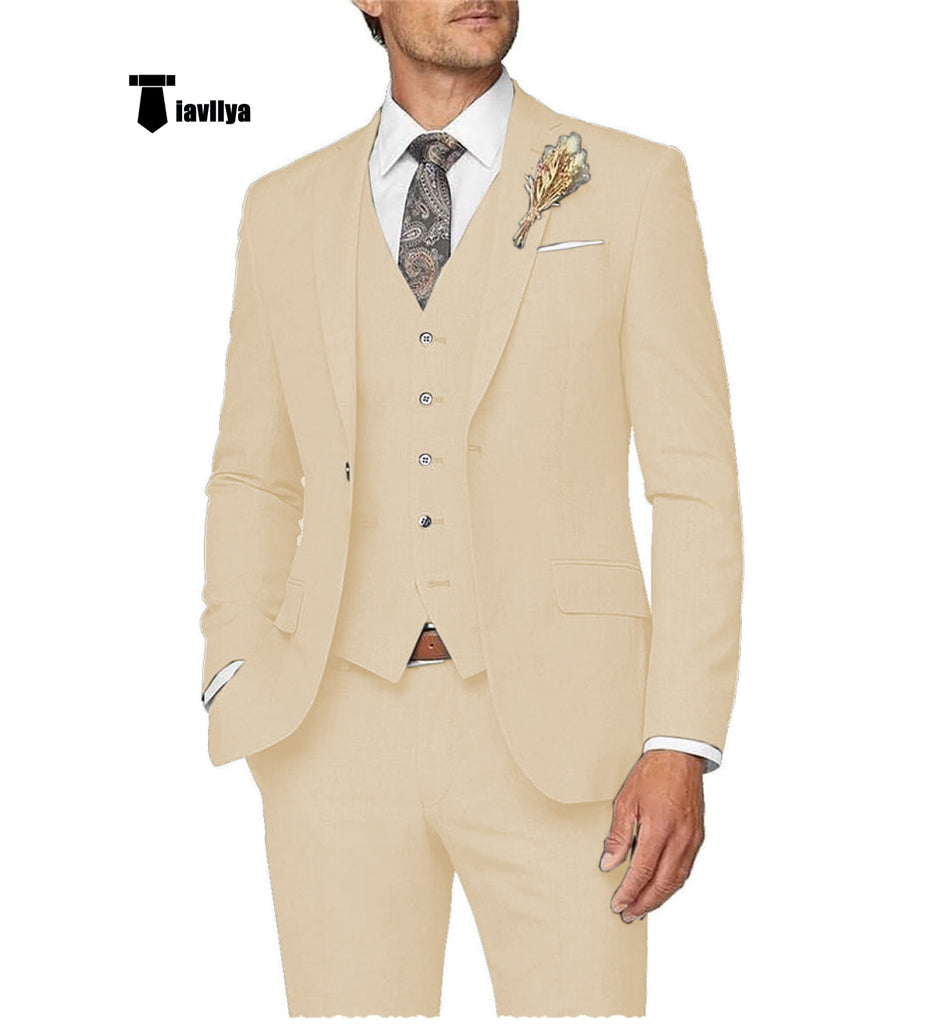 Casual Men’s 3 Pieces Mens Suit Notch Lapel Linen For Wedding (Blazer + Vest + Pants) Xs /