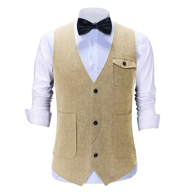 Suit Vest - Vintage Classical Mens Regular Fit Tweed Herringbone V Neck Suit Vest