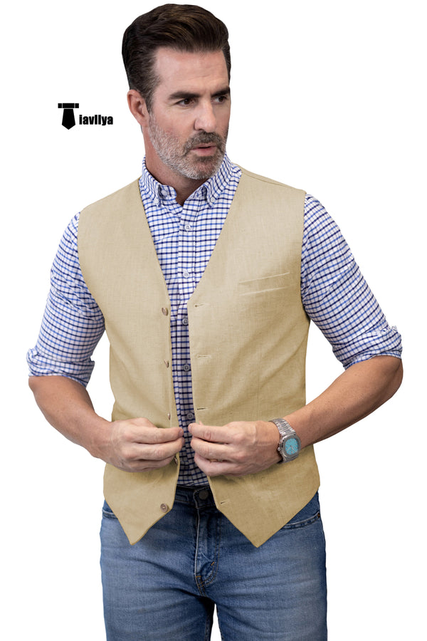 Mens Waistcoat Flat Linen V Neck Waistcoat For Wedding Xs / Champagne Suit Vest