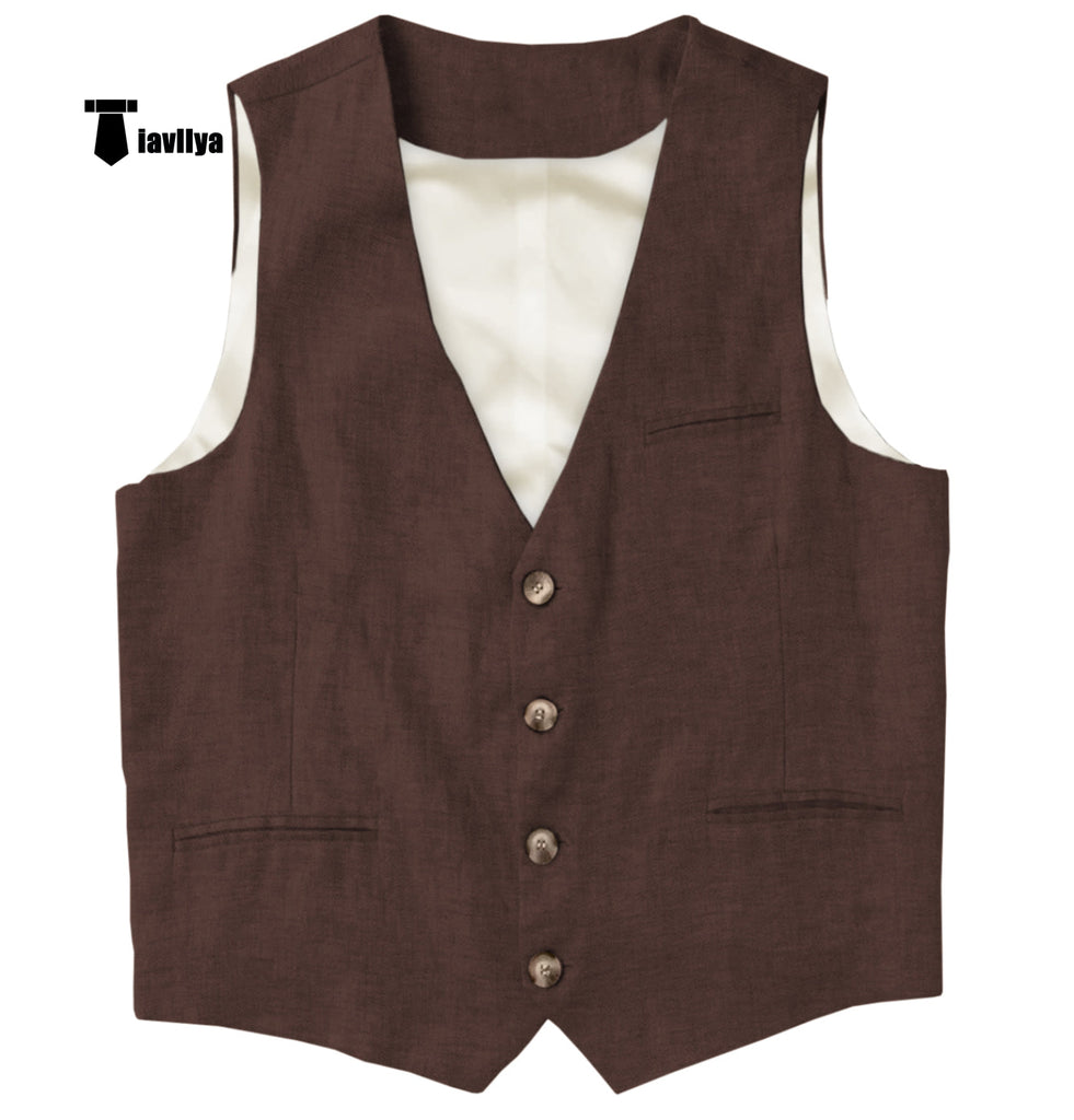 Casual Mens Waistcoat Flat Linen V Neck Waistcoat For Wedding Xs / Coffee Suit Vest