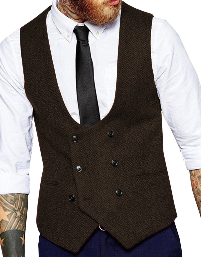 Suit Vest - Men's Double Breasted Tweed Herringbone U Neck Waistcoat