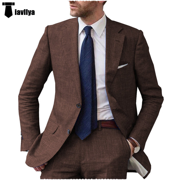 2 Pieces Suit - Casual Men's 2 Pieces Mens Suit Notch Lapel Linen For Wedding (Blazer+Pants)