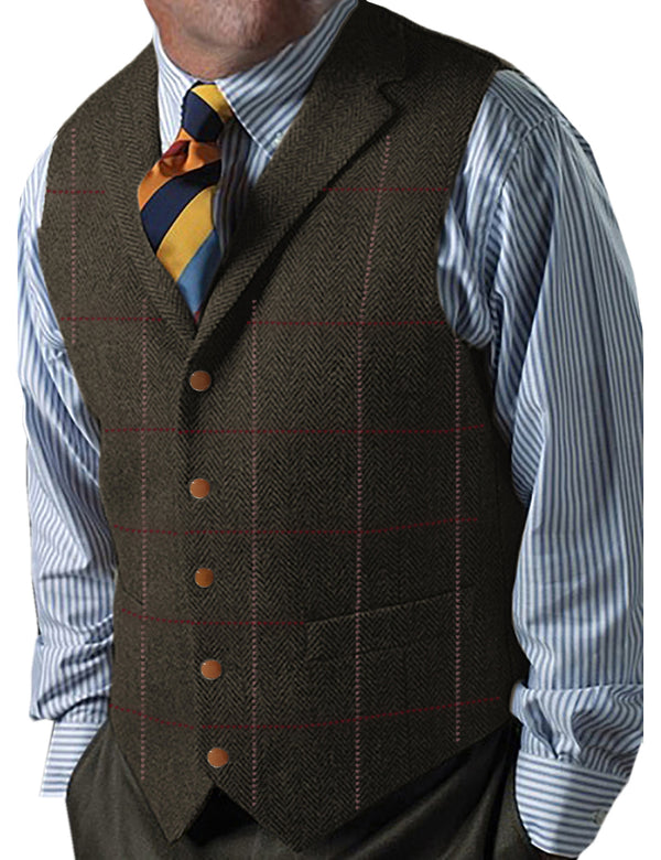 Suit Vest - Men's Casual Slim Fit Plaid Tweed Herringbone Notch Lapel Waistcoat