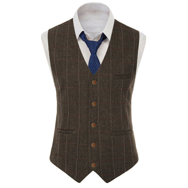 Suit Vest - Men's Casual Slim Fit Plaid Tweed V Neck Waistcoat