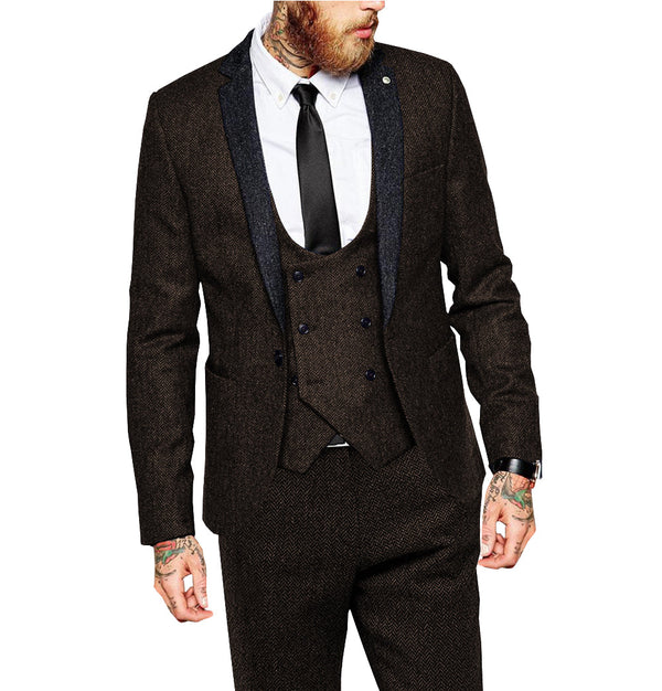 3 Pieces Suit - Vintage Classical 3 Piece Mens Suit Herringbone Notch Lapel Blazer (Blazer Vest+Pants)