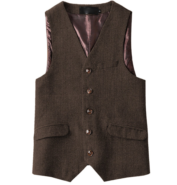 Suit Vest - Vintage Classical Mens Regular Fit Tweed Herringbone V Neck Waistcoat