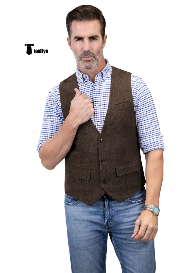 Casual Men’s Herringbone V Neck Waistcoat Xs / Coffee Suit Vest