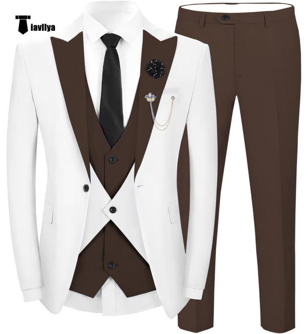 Fashion Men’s Suits Slim Fit 3 Pieces Peak Lapel Tuxedos (White Blazer + Vest + Pant) Xs / Coffee