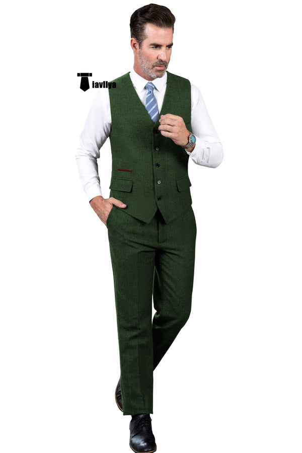 Vintage Classical 2 Pieces Mens Suit Herringbone V Neck Vest For Wedding (Vest + Pants) Xs / Green