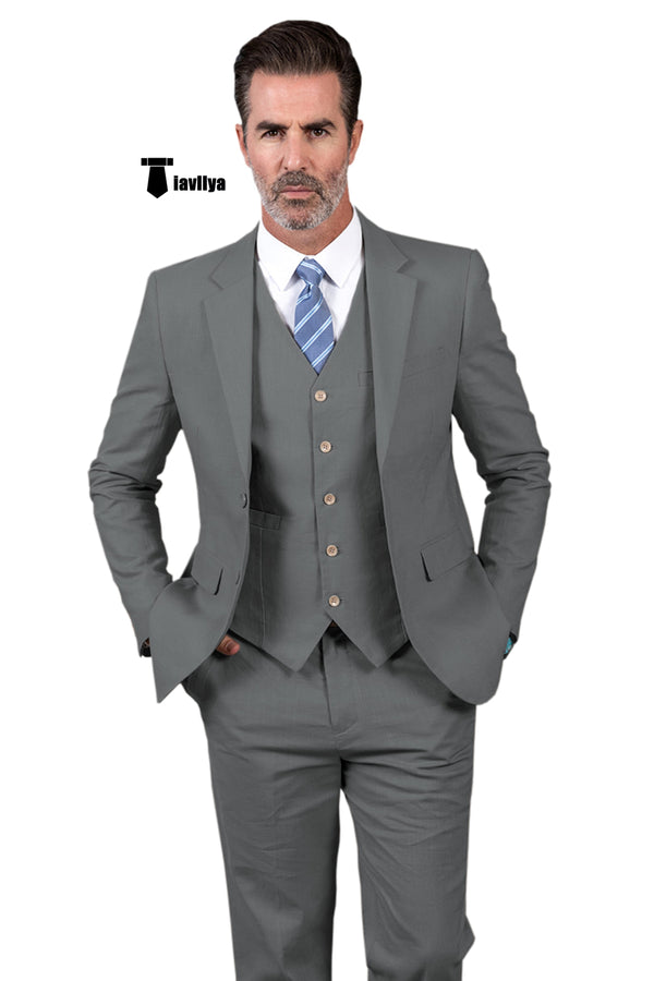 Formal Men’s 3 Pieces Mens Suit Notch Lapel Linen For Wedding (Blazer + Vest + Pants) Xs / Grey