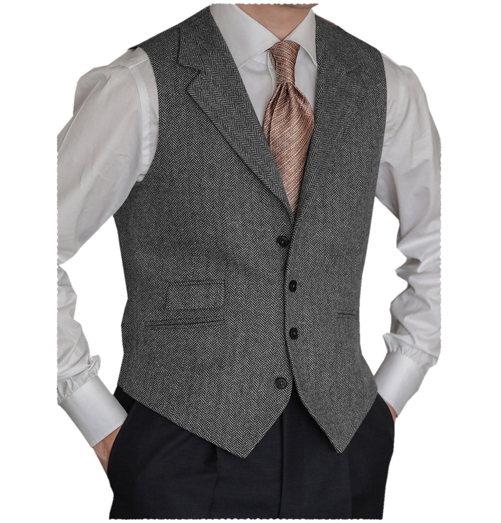 Suit Vest - Vintage Classical Men's Classic Tweed Herringbone Notch Lapel Waistcoat